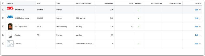 QuickBooks Online Item List displaying parts of bundle