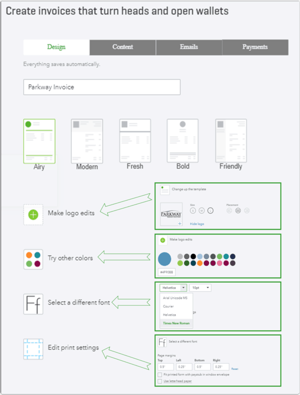 QuickBooks Online Invoice Design Setting Options