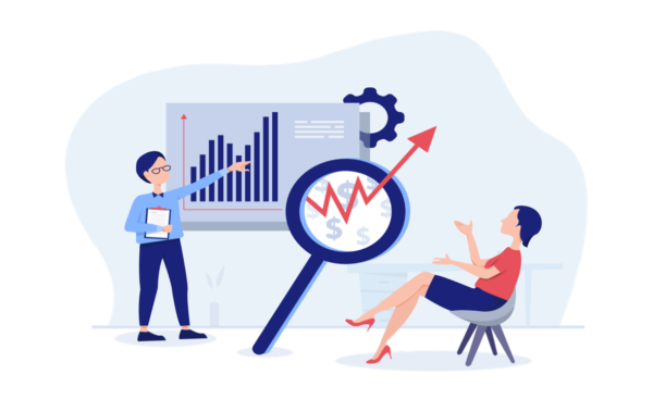 Graphic Image of two people discussing the sales metrics of the business